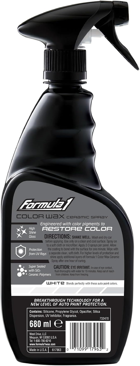 Formula 1 Color Wax Spray for White Cars, Gives Ceramic Water Beading Protection and Ultimate Shiny Finish, Fills Minor Scratches with Color-Match Pigment, 23 oz