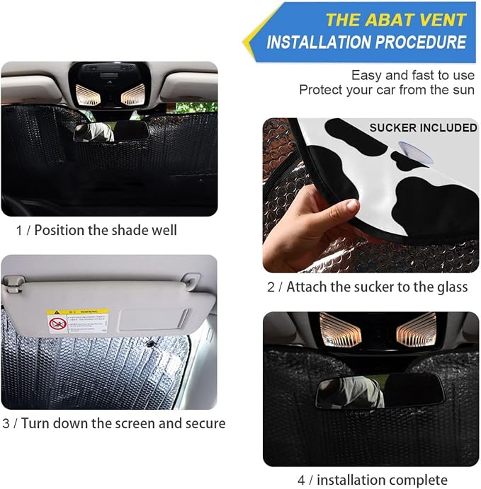 White Black Cow Print Windshield Sun Shade for Car Auto SUV Truck Foldable Front Window Sunshade Sun Visor Protector Block UV Rays Reflect Heat, 55" x 28"