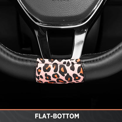 Road Comforts Steering Wheel Cover - Flat Bottom Wheel Cover Made with PVC Leather and Pink Leopard Fabric - Universal Fit for 15-Inch D-Shaped Automotive Steering Wheels (Pink Leopard)