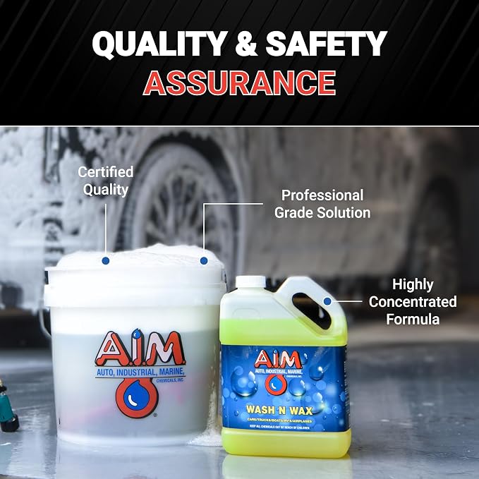 AIM Chemicals Wash N Wax Car Soap - pH neutral for cars, trucks, boats, and RVs. Protects wax and sealants. Use with foam cannon or hand wash. Ideal for detailing and cleaning supplies (AC WWG - FBM)