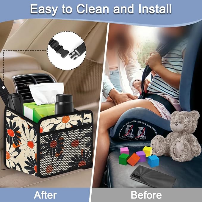 Car Backseat Organizer, PU Leather Back of Seat Cars Hanging Organizer with Pockets Leakproof Car Garbage Bag Hanging Cars Seat Storage Box Travel Accessories Foldable (Flower Orange)