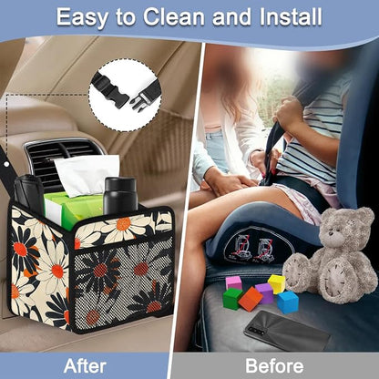 Car Backseat Organizer, PU Leather Back of Seat Cars Hanging Organizer with Pockets Leakproof Car Garbage Bag Hanging Cars Seat Storage Box Travel Accessories Foldable (Flower Orange)
