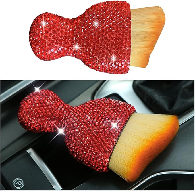 Bling Car Interior Dust Brush, Crystal Rhinestone Soft Auto Detailing Cleaning Brush, Sparkling Diamond Vehicle Dashboard Air Vent Cleaner for Women Girls, Universal for Vehicles (Red)