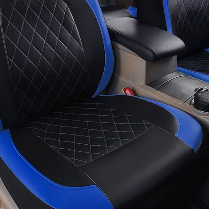 Universal Deluxe Pu Luxury Vinyl Faux Leather Car Seat Covers Two Front 6 Pieces Airbag Compatible Fit for Cars SUV Vehicles (Black and Blue)