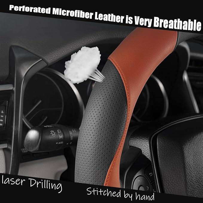 Steering Wheel Cover Universal Standard Size 14.5-15 inch, Non-Folding Packaging, Microfiber Leather, Anti-Slip, Soft Grip, Sporty Design, Fits for Cars SUVs Trucks, Black and Orange