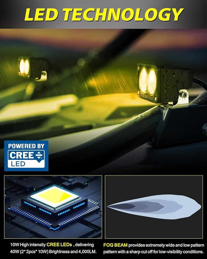 3 Inch Yellow CREE LED Pods with Wiring Harness & Black Covers | High Intensity CREE LEDs, Centrated Spot Beam, Free Wiring kit & Black Covers