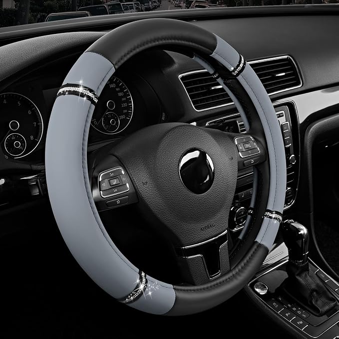 Road Comfort Leather Steering Wheel Cover – Premium Anti-Slip Car Steering Wheel Grip Cover – Universal Fit for 14.5”–15” Cars, Trucks & SUVs - Gray