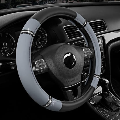 Road Comfort Leather Steering Wheel Cover – Premium Anti-Slip Car Steering Wheel Grip Cover – Universal Fit for 14.5”–15” Cars, Trucks & SUVs - Gray