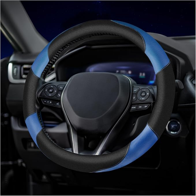Soft Leather Steering Wheel Cover with Breathable Design and Anti-Slip Grip, Fully Compatible with Tesla, Toyota, Honda, Nissan 14.5-15.2 inch Round Steering Wheel（Sedans and SUVs）