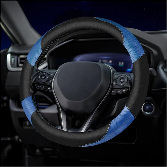 Soft Leather Steering Wheel Cover with Breathable Design and Anti-Slip Grip, Fully Compatible with Tesla, Toyota, Honda, Nissan 14.5-15.2 inch Round Steering Wheel（Sedans and SUVs）