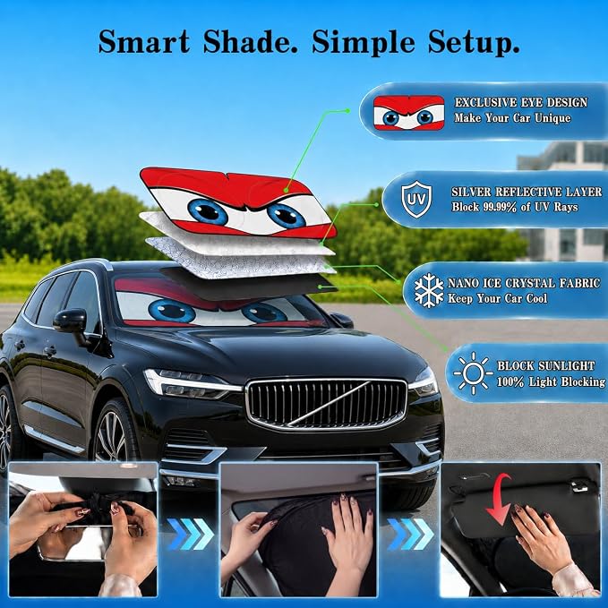 Car Windshield Sun Shade, Red Angry Eyes Car Sun Shade, Windshield Cover Universal Fits Mid-Large Sedan SUV Crossover Family Vehicle, UV Heat Protection - 63 x 31.5
