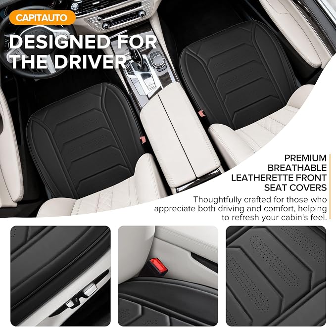 CAPITAUTO 2 Pack Bottom Car Seat Cover, Dual Storage Pockets Luxury Faux Leather Front Seat Covers for Cars, Super Breathable, Anti-Slip, Full Wrapping Edge - Fit for Most Sedans SUV Trucks (Black)