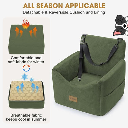 JOEJOY Dog Car Seats for Small Medium Dogs Under 35lbs, Dog Booster Seat with Detachable Washable Cover and Cushion, Memory Foam Pet Car Seat with Safety Belt and Storage Pockets (GN)