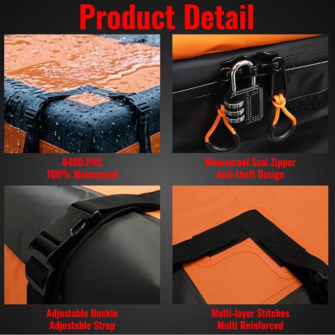 21 Cubic Feet Car Roof Cargo Carrier Bag, Waterproof Rooftop Bag for All Vehicle with/Without Racks, Soft Roof Top Storage Box with Anti-Slip Mat, 6 Door Hooks, Luggage Lock, Black Orange