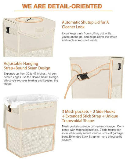 Pritent Car Trash Can with Lid, Cute Leakproof Car Trash Garbage Bag Hanging Vehicle Trash Bin Small Portable Automotive Garbage Cans Organizer for Back/Front Seat(4 Gallons,Beige)