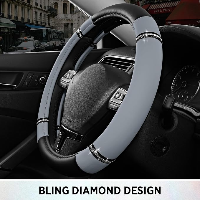Road Comfort Leather Steering Wheel Cover – Premium Anti-Slip Car Steering Wheel Grip Cover – Universal Fit for 14.5”–15” Cars, Trucks & SUVs - Gray