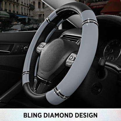 Road Comfort Leather Steering Wheel Cover – Premium Anti-Slip Car Steering Wheel Grip Cover – Universal Fit for 14.5”–15” Cars, Trucks & SUVs - Gray
