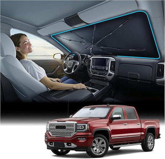 Nmoiss Windshield Sun Shade Umbrella for Sierra - [Vinyl Coating Heat Shield] Protect Car from Sun Rays & Heat Damage Keep Cool and Protect Interior, Spring Structure Edge