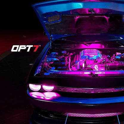 OPT7 Aura Engine Bay RGB LED Light Kit with Remote Control, 4 pc 12" Waterproof Under Hood Light Strips, Multicolor Mode, Exterior Neon Accent Lighting for Cars Trucks SUVs Vans, Universal Car Décor