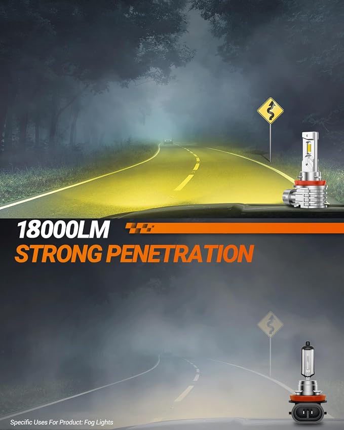 SEALIGHT H8 H16 H11 LED Fog Light Bulb, Amber Yellow 18000LM 3500K H11 Yellow LED Fog Lights, 1000% Brighter Strong Penetration, Plug & Play H16 H8 Fog Bulb, Pack of 2