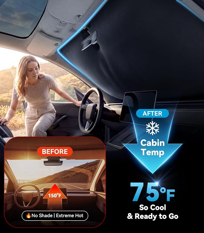 Nmoiss Ice Silk Air-Cooled Car Windshield Sun Shade, [Enjoy Superior Coolness & Comfort] 84.2% Heat Insulation UPF>50 UV Block, Interior Protection, Universal Fit for Car SUV Truck, Large 64" x 34"