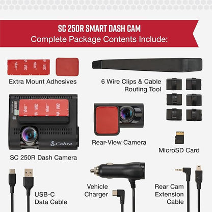 Cobra Smart Dual View Front and Rear Dash Cam (SC 250R) – True 4K Resolution, 360 Alerts, Parking Live View, Incident Reports, Emergency MayDay, 32 GB SD Card Included, CarPlay & Android Auto
