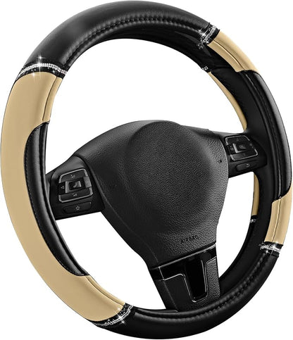 Road Comforts Leather Steering Wheel Cover - Made with PVC Leather - Anti-Slip, Universal Fit 14 1/2 inches to 15 inches - Beige