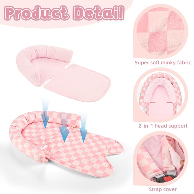 Infant Car Seat Insert with 2 Strap Pads, Carseat Cushion Baby Boy & Girl, Soft and Comfortable Carseat Head Support for Newborn, Pink Checkered