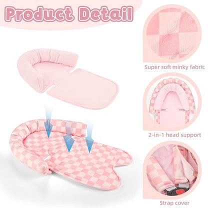 Infant Car Seat Insert with 2 Strap Pads, Carseat Cushion Baby Boy & Girl, Soft and Comfortable Carseat Head Support for Newborn, Pink Checkered