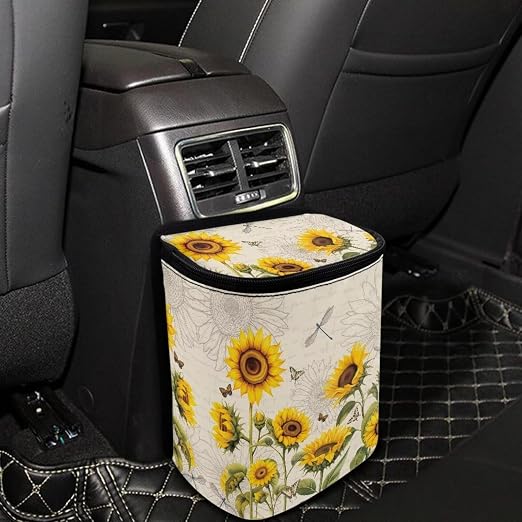 BIGCARJOB Sunflower Dragonfly Car Trash Bags for Back Seat,Sunflower Car Garbage Bin with Lids,Foldable Auto Interior Storage Bags Hanging Accessories