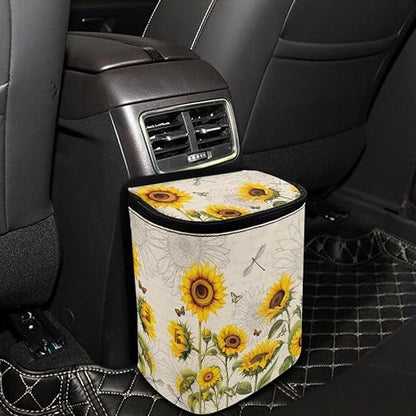 BIGCARJOB Sunflower Dragonfly Car Trash Bags for Back Seat,Sunflower Car Garbage Bin with Lids,Foldable Auto Interior Storage Bags Hanging Accessories