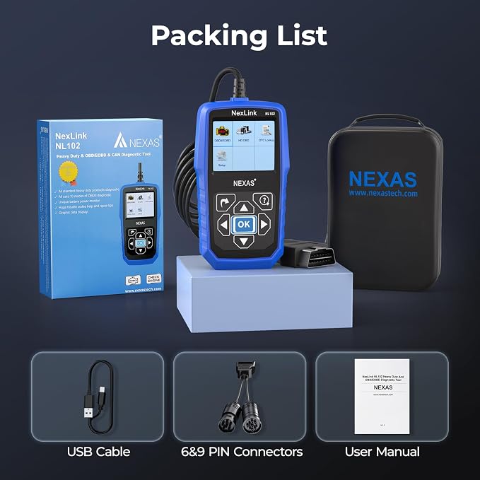 NEXAS NL102 Heavy Duty Truck Diagnostic Scanner for Diesel Trucks, HD Code Reader with Live Data & DTC Lookup, J1939/J1708 Truck Scan Tool for Cummins, Freightliner, Detroit, PACCAR, Class 4-8 Trucks