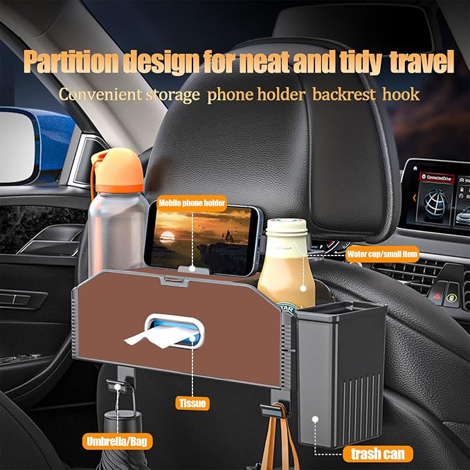 Back Seat Car Organizer,5 in 1 Multifunctional Car Back Seat Storage Box with Trash Can Drink Cup Holder Tissue Box, for Hold Phone,Snacks, Drinks, Handbag-Brown