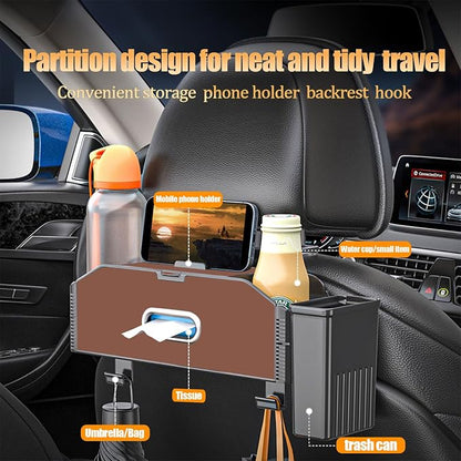 Back Seat Car Organizer,5 in 1 Multifunctional Car Back Seat Storage Box with Trash Can Drink Cup Holder Tissue Box, for Hold Phone,Snacks, Drinks, Handbag-Brown