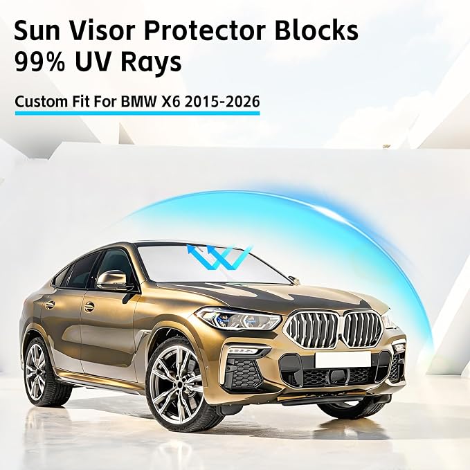Windshield Sun Shade for BMW X6 2015-2026 Sunshade 300T Windshield Cover Shield Protector Blocks UV Rays Custom Fit X6 Front Window Shades Windshield Accessories Keep Cool Foldable