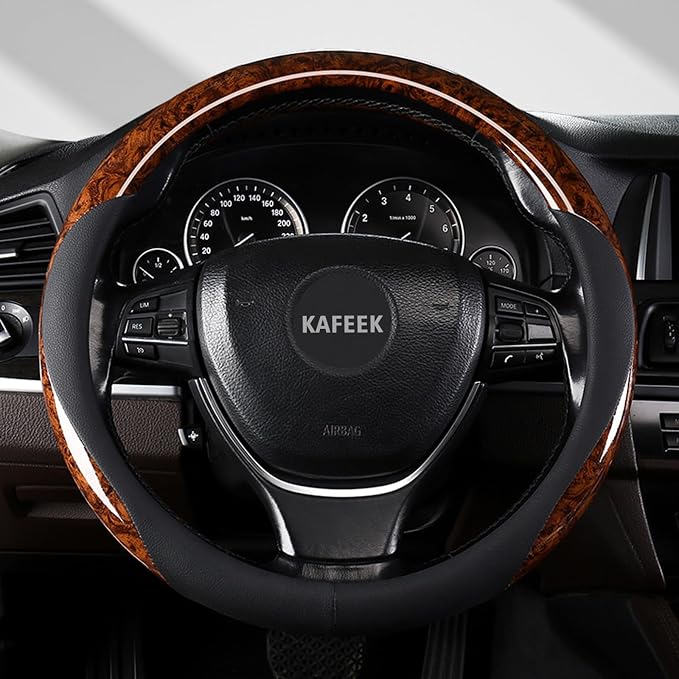 KAFEEK Wood Grain Steering Wheel Cover Microfiber Leather Universal 14 1/2-15 inch, Car Steering Wheel Cover Men Women, Comfortable, Anti-Slip, Odorless, Brown