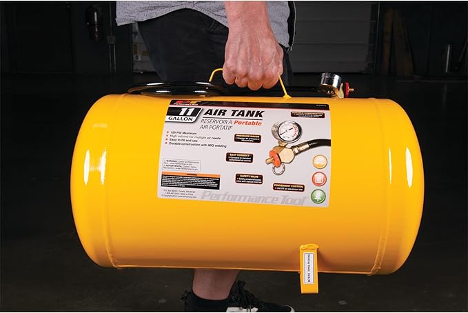 Performance Tool W10011 Hi-viz 11-Gallon Horizontal Portable Air Tank With Tire Air Chuck , Yellow