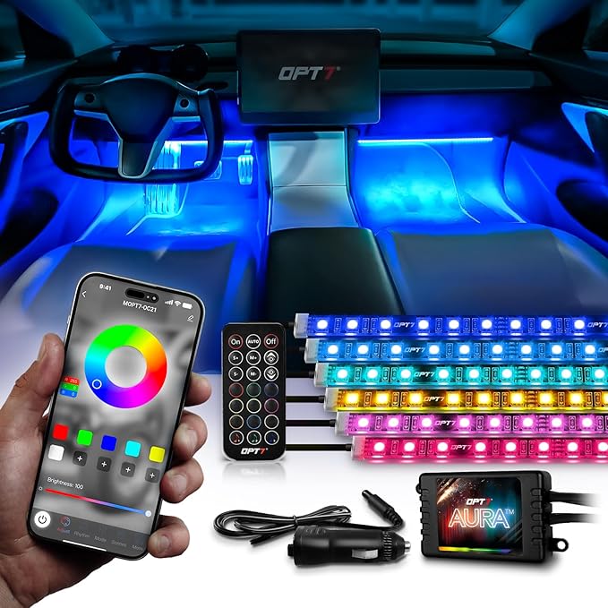 OPT7 Aura Pro 6PC Interior Lights for Truck SUV RV with App & Remote Control, Multicolor Mode, Music Sync Neon Accent Lighting Kit, Under Dash Decor, 12V Car Charger, Single Row LED Strip