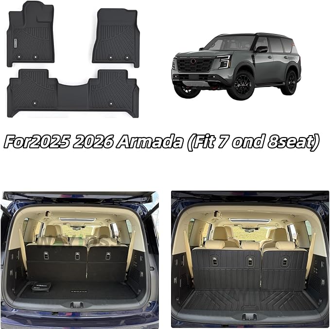 Floor Mats for 2025 2026 Nissan Armada & Infiniti QX80(Fit 7 and 8seat) with Trunk Mat 8PC TPE All-Weather Set - Custom Fit Non-Slip Floor+Cargo Liners Accessories