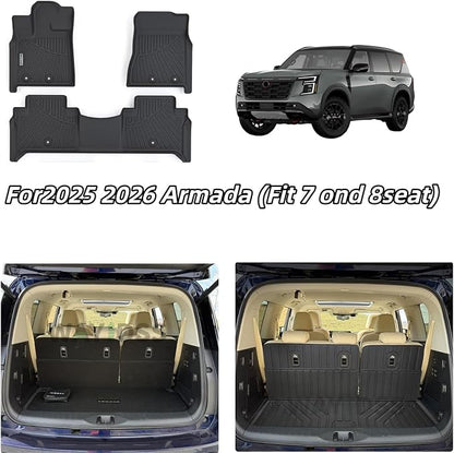 Floor Mats for 2025 2026 Nissan Armada & Infiniti QX80(Fit 7 and 8seat) with Trunk Mat 8PC TPE All-Weather Set - Custom Fit Non-Slip Floor+Cargo Liners Accessories