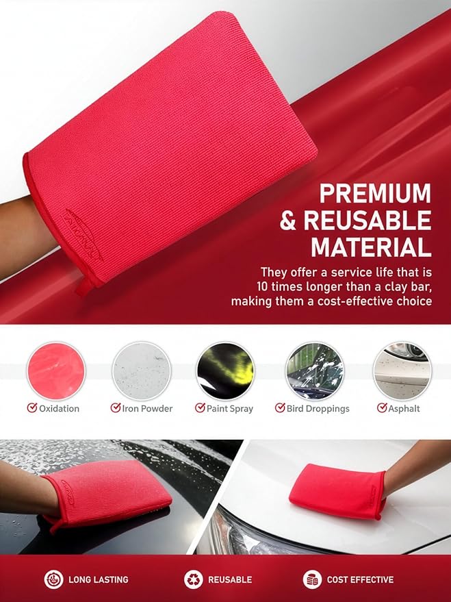 TAKAVU Auto Detailing Clay Mitt 1 Pack 9.7x6.3 inches, Magic Clay Bar Mitt Premium Mesh and Microfiber for Remove Dirts Mud Grime, Car Cleaning Detail Glass Wheel Windshield (Red)