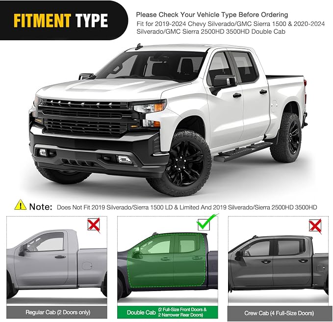 Nilight Running Boards for 2019-2026 Chevy Silverado/GMC Sierra 1500 Double Cab 2020-2026 Silverado/GMC Sierra 2500HD 3500HD 6 Inch Aluminum Bolt-on Powder Coated Side Step Nerf Bars