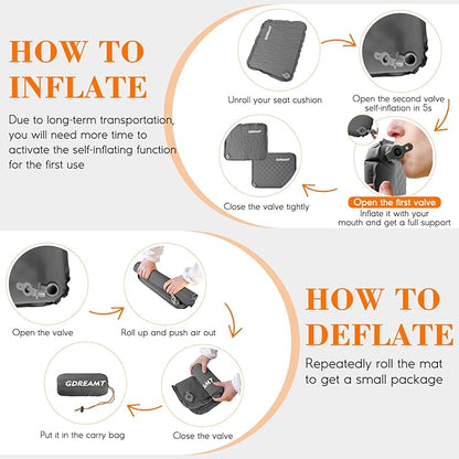 Inflatable Seat Cushion, Self-Inflating Memory Foam Stadium Seats Cushion Portable Camping Air-Foam Sitting Pad for Travel Airplane Car Bleachers Backpacking Office, Lightweight & Compact