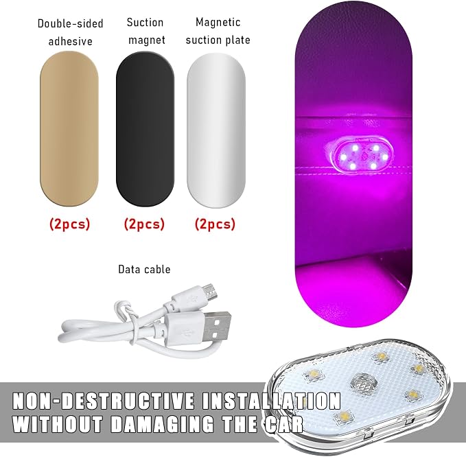 KVAEY 4 PCS Car LED Lights Interior Wireless, 7 Colors Magnetic Auto Ambient Light with 6 Bright LED Lamp Beads, Portable USB Rechargeable Vehicle Interior Led Night Light (Pink, Magnetic, 2pcs)