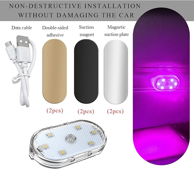 Wevdn 2 PCS Car LED Lights Interior Wireless, Magnetic Car Ambient Lighting with 6 Bright LED Lamp Beads, Portable USB Rechargeable Vehicle Interior Led Night Light for Car (Pink)
