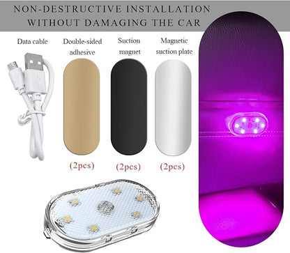 Wevdn 2 PCS Car LED Lights Interior Wireless, Magnetic Car Ambient Lighting with 6 Bright LED Lamp Beads, Portable USB Rechargeable Vehicle Interior Led Night Light for Car (Pink)
