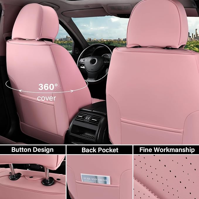 Coverado Car Seat Covers Full Set, Automotive Front and Rear Seat Covers with Backrest, Nappa Leather Car Seat Protectors Waterproof, Universal for Most Vehicles, Pink