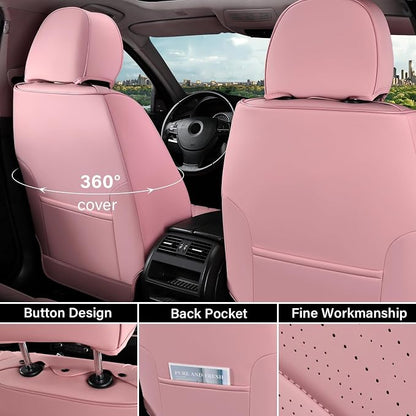 Coverado Car Seat Covers Full Set, Automotive Front and Rear Seat Covers with Backrest, Nappa Leather Car Seat Protectors Waterproof, Universal for Most Vehicles, Pink