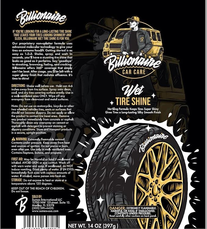 Billionaire Tire Shine - Wet Tire Shine 6 Pack Can 14 oz No Sling Formula Long-Lasting Silky Smooth Finish - Spraying Maximum Protection Fast Dry - Car Detailing 6PACK