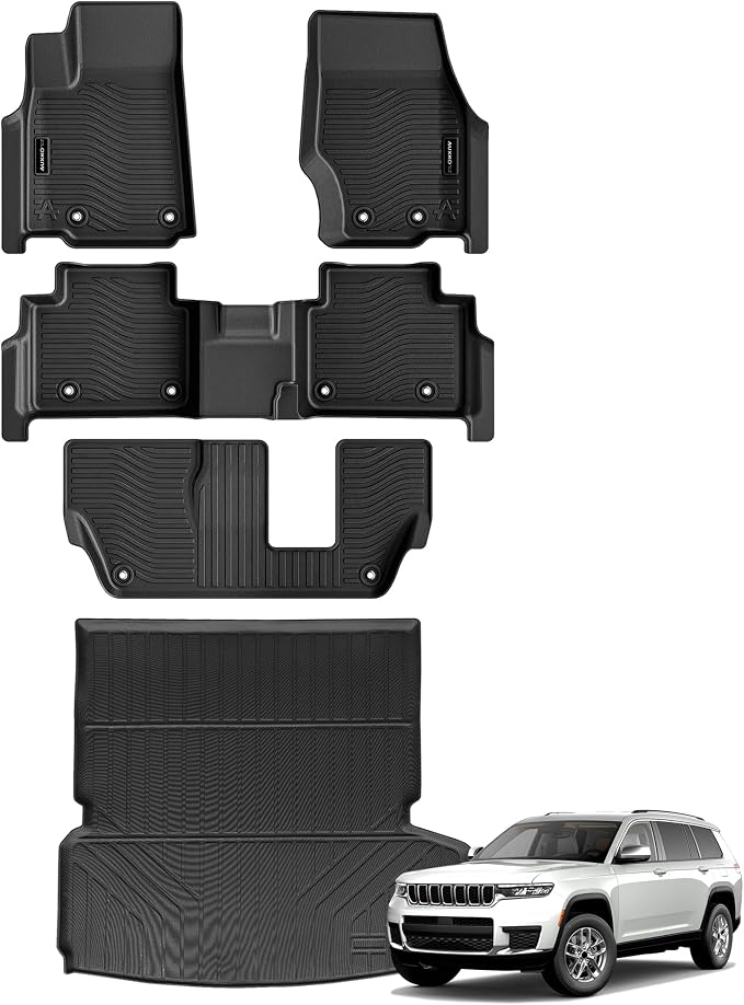 Auxko All Weather Floor Mats & Cargo Mat & Backrest Mat Fit for Jeep Grand Cherokee L 7 Seat (2nd Row Bench Seat) 2026 2025-2021 Liner Trunk Mat Accessories Odorless Black